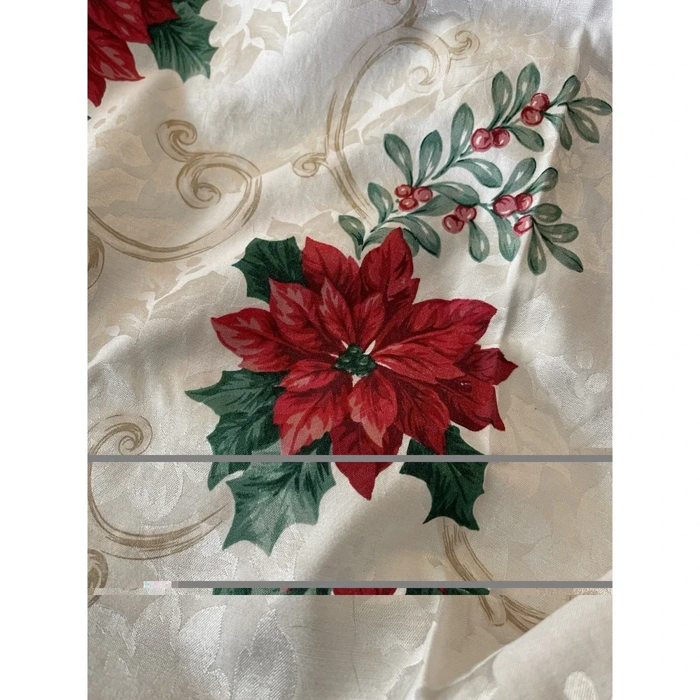 Vintage Christmas Tablecloth 59 X 83 Damask Red Poinsettia Green Holly White